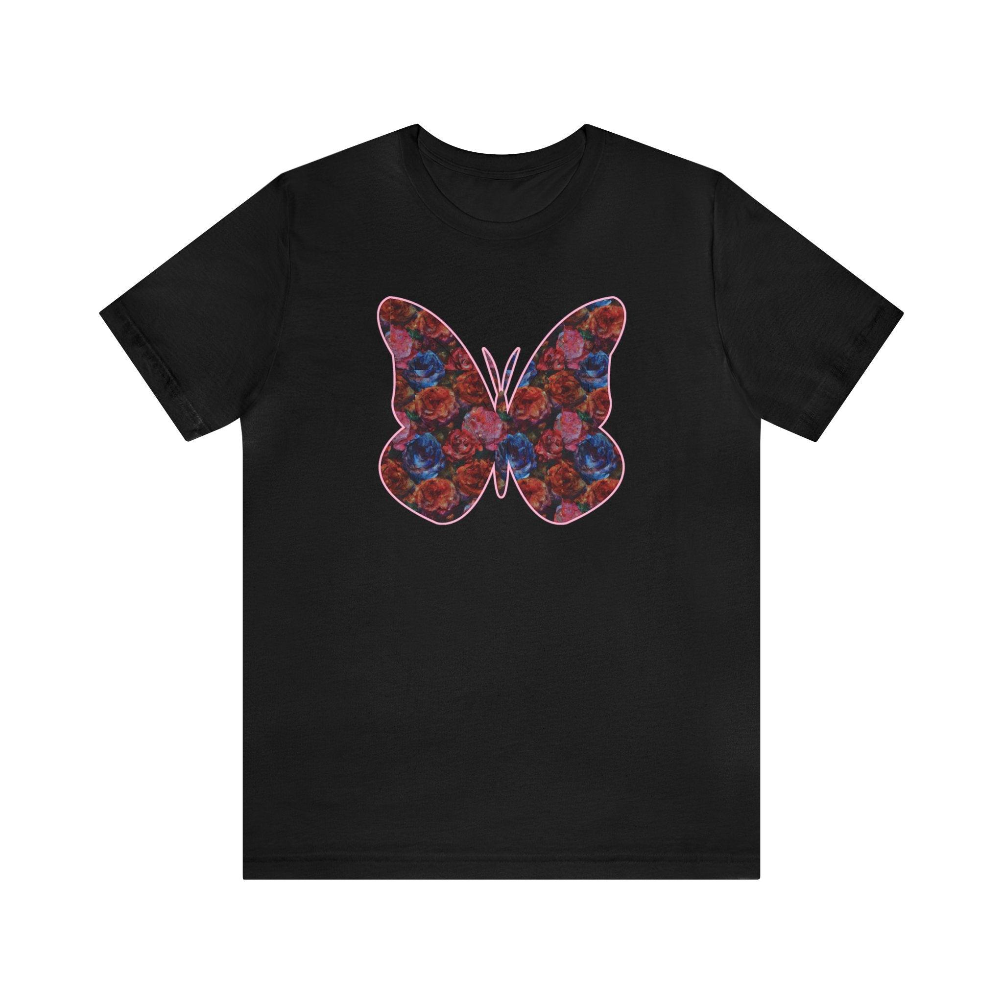 Butterflower Butterfly T - Shirt Beautiful Floral Tee - Encore2woBlackS