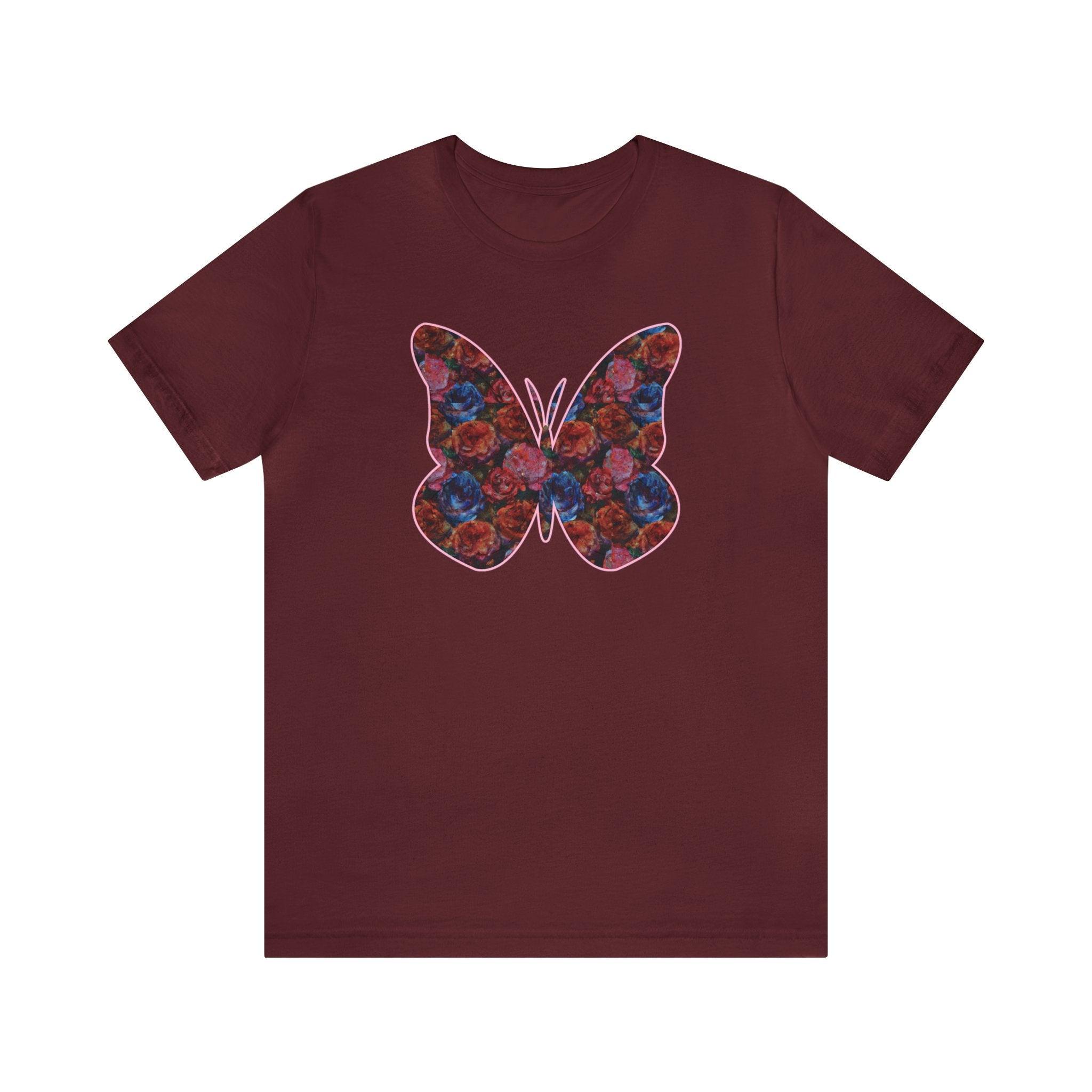 Butterflower Butterfly T - Shirt Beautiful Floral Tee - Encore2woMaroonS