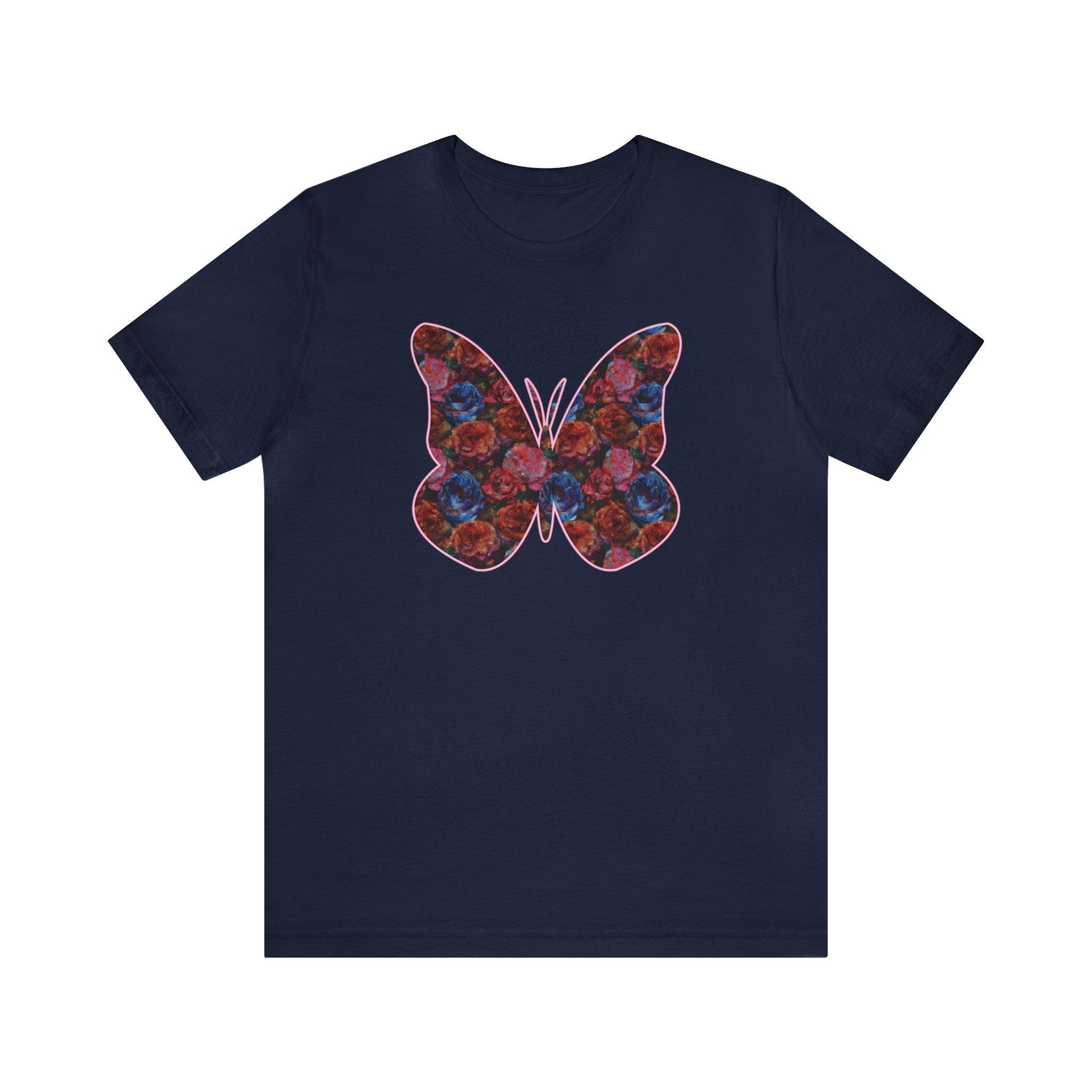 Butterflower Butterfly T - Shirt Beautiful Floral Tee - Encore2woNavyS