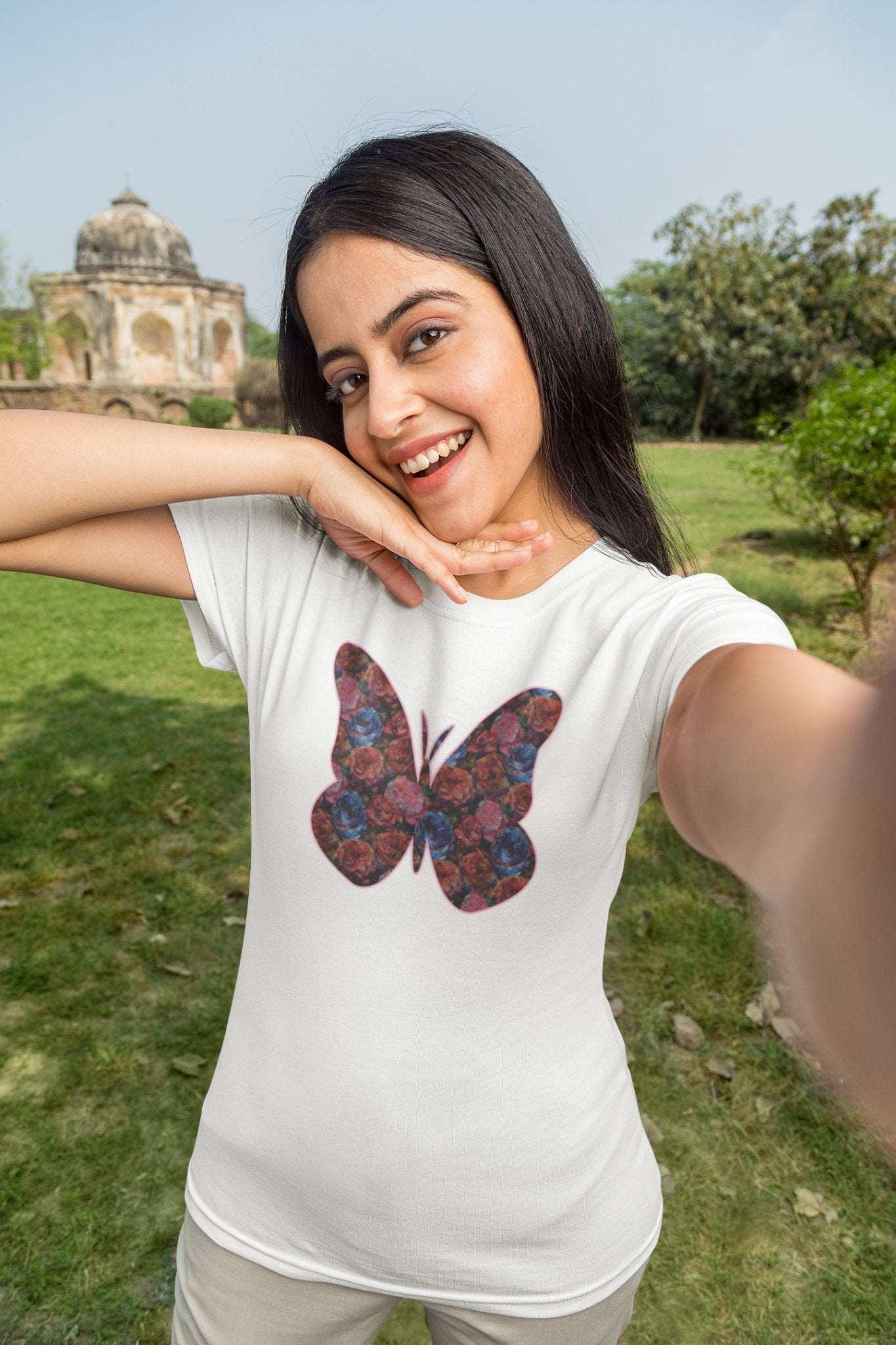 Butterflower Butterfly T - Shirt Beautiful Floral Tee - Encore2woBlackS