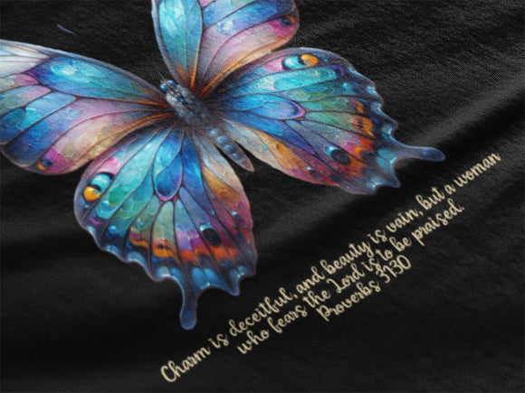 Butterfly T-Shirt - "Praised" Inspirational Design Proverbs 31:30 - Encore2woTeam PurpleS