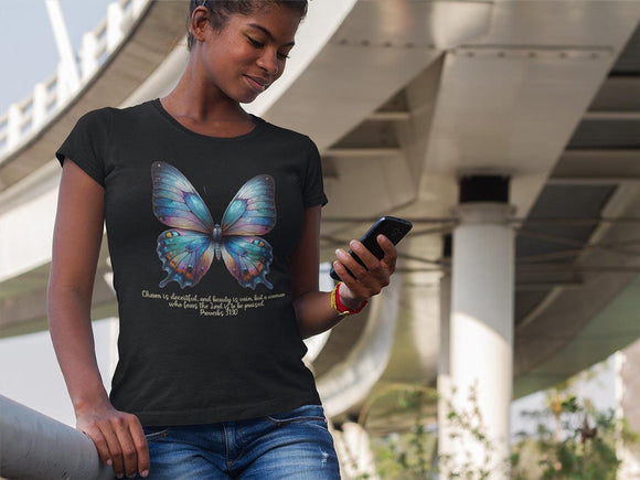 Butterfly T-Shirt - "Praised" Inspirational Design Proverbs 31:30 - Encore2woTeam PurpleS