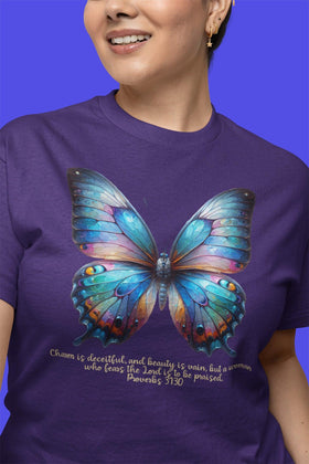 Butterfly T-Shirt - "Praised" Inspirational Design Proverbs 31:30 - Encore2woBlackS