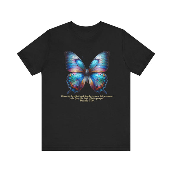 Butterfly T-Shirt - "Praised" Inspirational Design Proverbs 31:30 - Encore2woBlackS