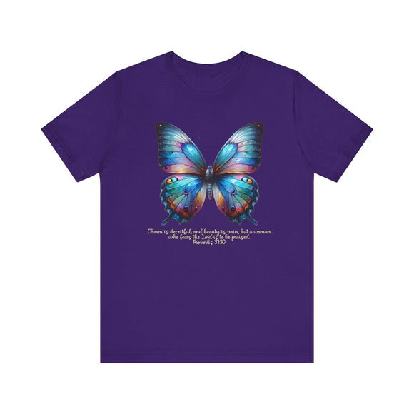 Butterfly T-Shirt - "Praised" Inspirational Design Proverbs 31:30 - Encore2woTeam PurpleS