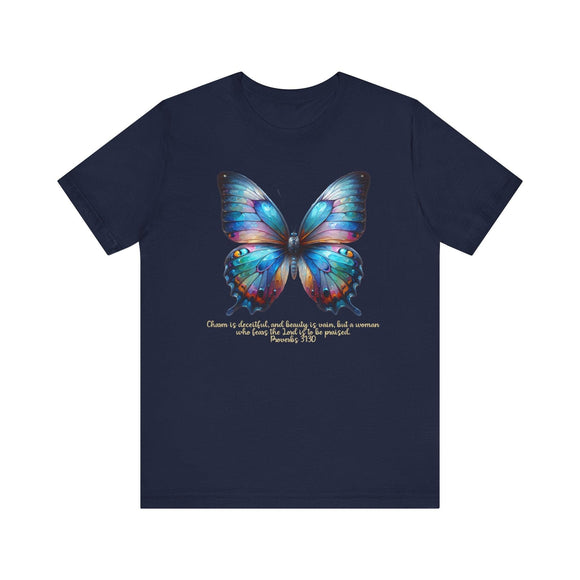 Butterfly T-Shirt - "Praised" Inspirational Design Proverbs 31:30 - Encore2woNavyS