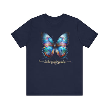 Butterfly T-Shirt with Proverbs 31:30 Inspirational Verse - Encore2woNavyS