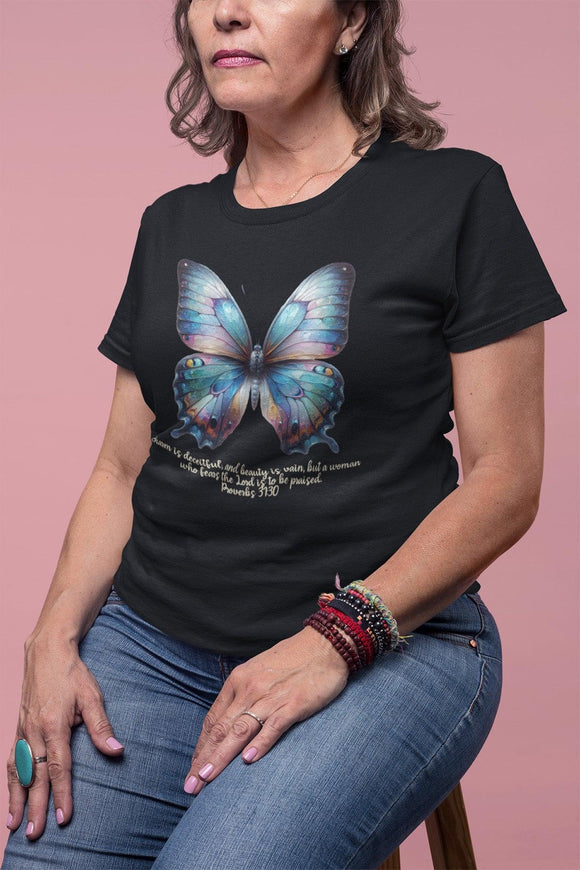 Butterfly T-Shirt with Proverbs 31:30 Inspirational Verse - Encore2woTeam PurpleS