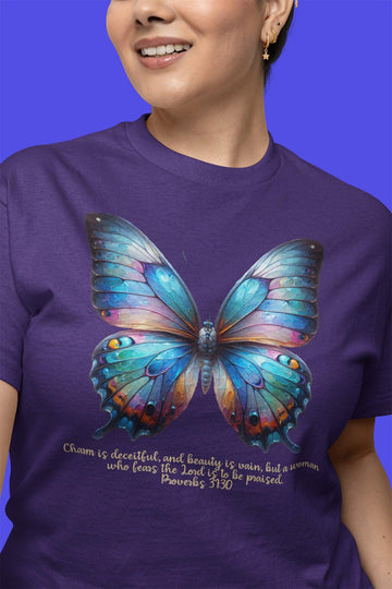 Butterfly T-Shirt with Proverbs 31:30 Inspirational Verse - Encore2woBlackS