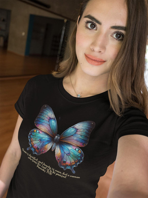 Butterfly T-Shirt with Proverbs 31:30 Inspirational Verse - Encore2woTeam PurpleS