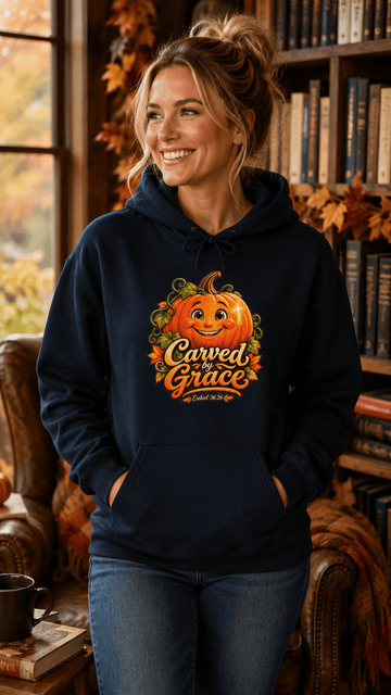 Carved by Grace Christian Fall Hoodie – Ezekiel 36:26 Pumpkin Sweatshirt - Encore2woNavyS