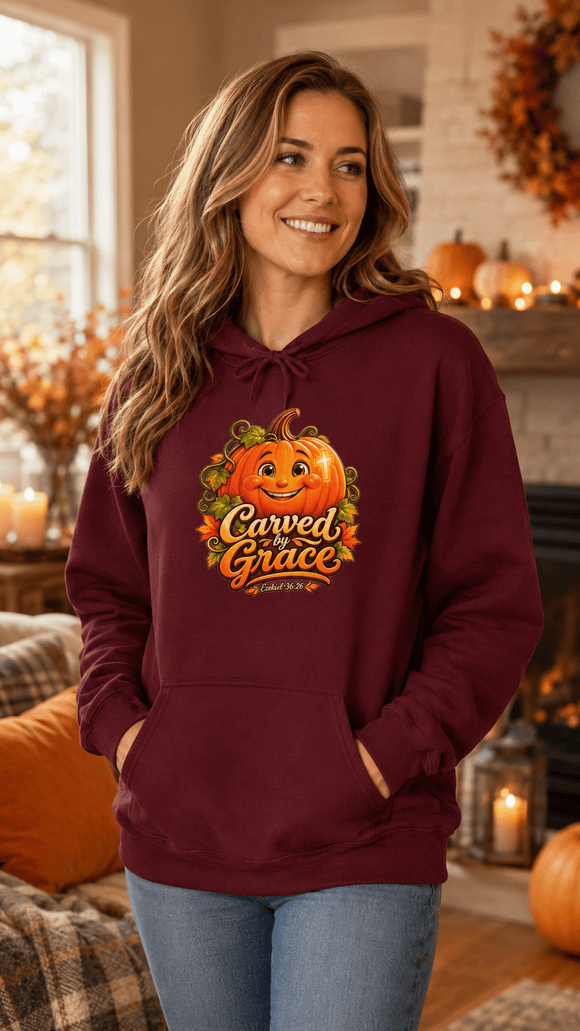 Carved by Grace Christian Fall Hoodie – Ezekiel 36:26 Pumpkin Sweatshirt - Encore2woMaroonS