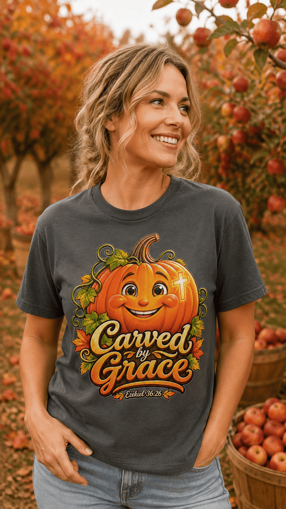 Carved by Grace Ezekiel 36:26 Christian Halloween Cotton T-Shirt - Encore2woBlackS