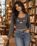 Cat Eyes Women’s Vintage Wash Crop Long Sleeve T-Shirt – Fitted Cat Graphic Top - Encore2woBlackS
