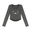 Cat Eyes Women’s Vintage Wash Crop Long Sleeve T-Shirt – Fitted Cat Graphic Top - Encore2woBlackS