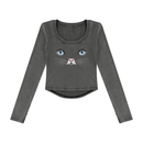 Cat Eyes Women’s Vintage Wash Crop Long Sleeve T-Shirt – Fitted Cat Graphic Top - Encore2woBlackS