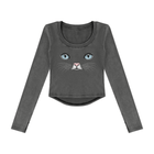 Cat Eyes Women’s Vintage Wash Crop Long Sleeve T-Shirt – Fitted Cat Graphic Top - Encore2woBlackS