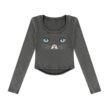 Cat Eyes Women’s Vintage Wash Crop Long Sleeve T-Shirt – Fitted Cat Graphic Top - Encore2woBlackS