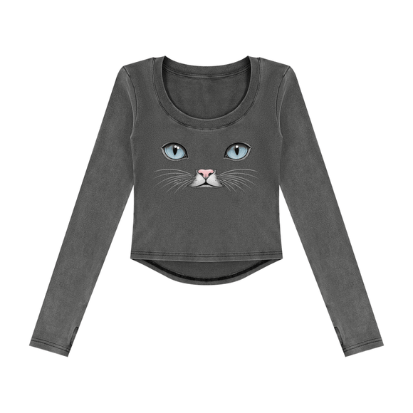 Cat Eyes Women’s Vintage Wash Crop Long Sleeve T-Shirt – Fitted Cat Graphic Top - Encore2woBlackS