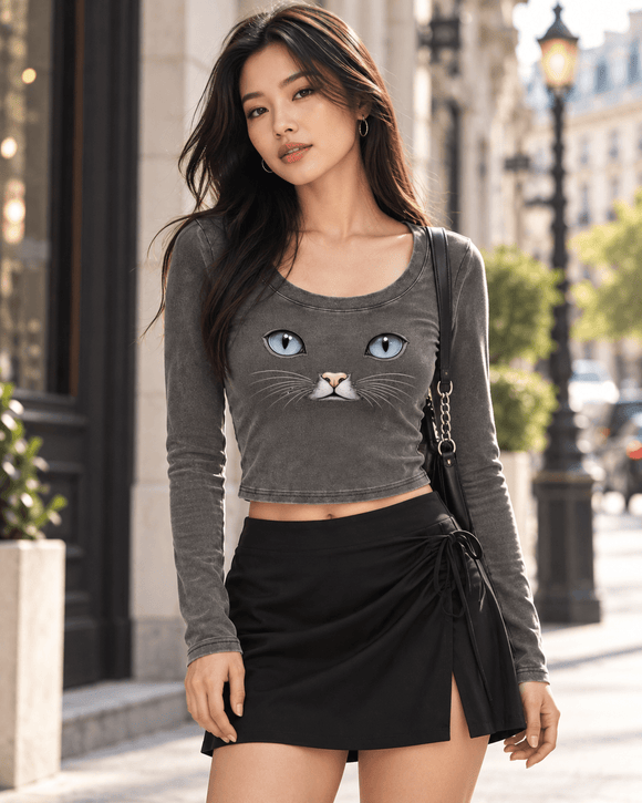 Cat Eyes Women’s Vintage Wash Crop Long Sleeve T-Shirt – Fitted Cat Graphic Top - Encore2woBlackS