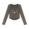 Cat Eyes Women’s Vintage Wash Crop Long Sleeve T-Shirt – Fitted Cat Graphic Top - Encore2woDark GrayS