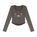 Cat Eyes Women’s Vintage Wash Crop Long Sleeve T-Shirt – Fitted Cat Graphic Top - Encore2woDark GrayS