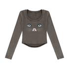 Cat Eyes Women’s Vintage Wash Crop Long Sleeve T-Shirt – Fitted Cat Graphic Top - Encore2woDark GrayS