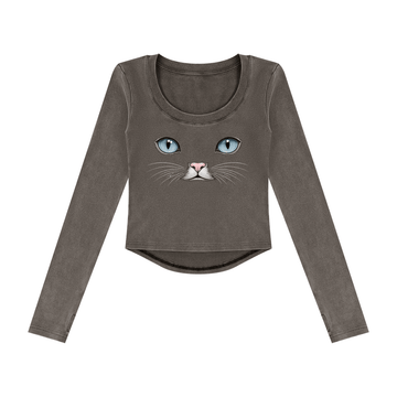 Cat Eyes Women’s Vintage Wash Crop Long Sleeve T-Shirt – Fitted Cat Graphic Top - Encore2woDark GrayS