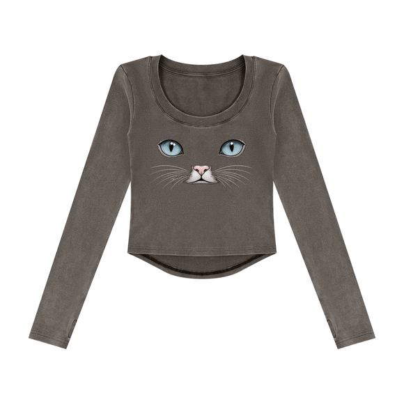 Cat Eyes Women’s Vintage Wash Crop Long Sleeve T-Shirt – Fitted Cat Graphic Top - Encore2woDark GrayS