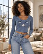 Cat Eyes Women’s Vintage Wash Crop Long Sleeve T-Shirt – Fitted Cat Graphic Top - Encore2woBlackS