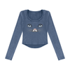 Cat Eyes Women’s Vintage Wash Crop Long Sleeve T-Shirt – Fitted Cat Graphic Top - Encore2woWashed BlueS