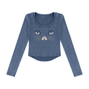 Cat Eyes Women’s Vintage Wash Crop Long Sleeve T-Shirt – Fitted Cat Graphic Top - Encore2woWashed BlueS