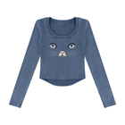 Cat Eyes Women’s Vintage Wash Crop Long Sleeve T-Shirt – Fitted Cat Graphic Top - Encore2woWashed BlueS