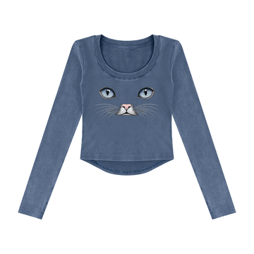 Cat Eyes Women’s Vintage Wash Crop Long Sleeve T-Shirt – Fitted Cat Graphic Top - Encore2woWashed BlueS