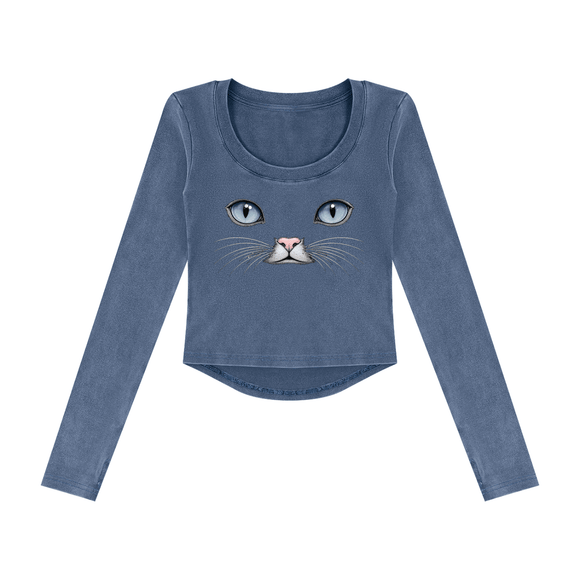 Cat Eyes Women’s Vintage Wash Crop Long Sleeve T-Shirt – Fitted Cat Graphic Top - Encore2woWashed BlueS