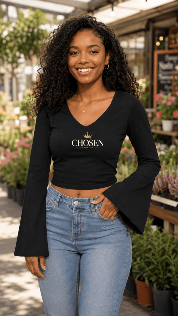 Chosen 1 Peter 2:9 Women's Bell Sleeve Christian Top - Encore2woBlackS