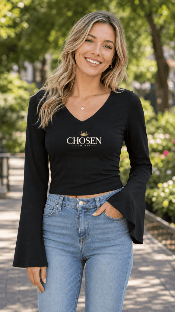 Chosen 1 Peter 2:9 Women's Bell Sleeve Christian Top - Encore2woBlackS
