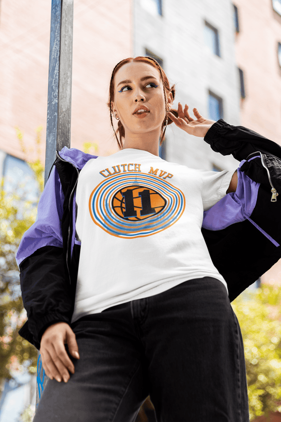 Clutch MVP Basketball Tee – Retro Orange & Blue Hoop Graphic - Encore2woNavyS