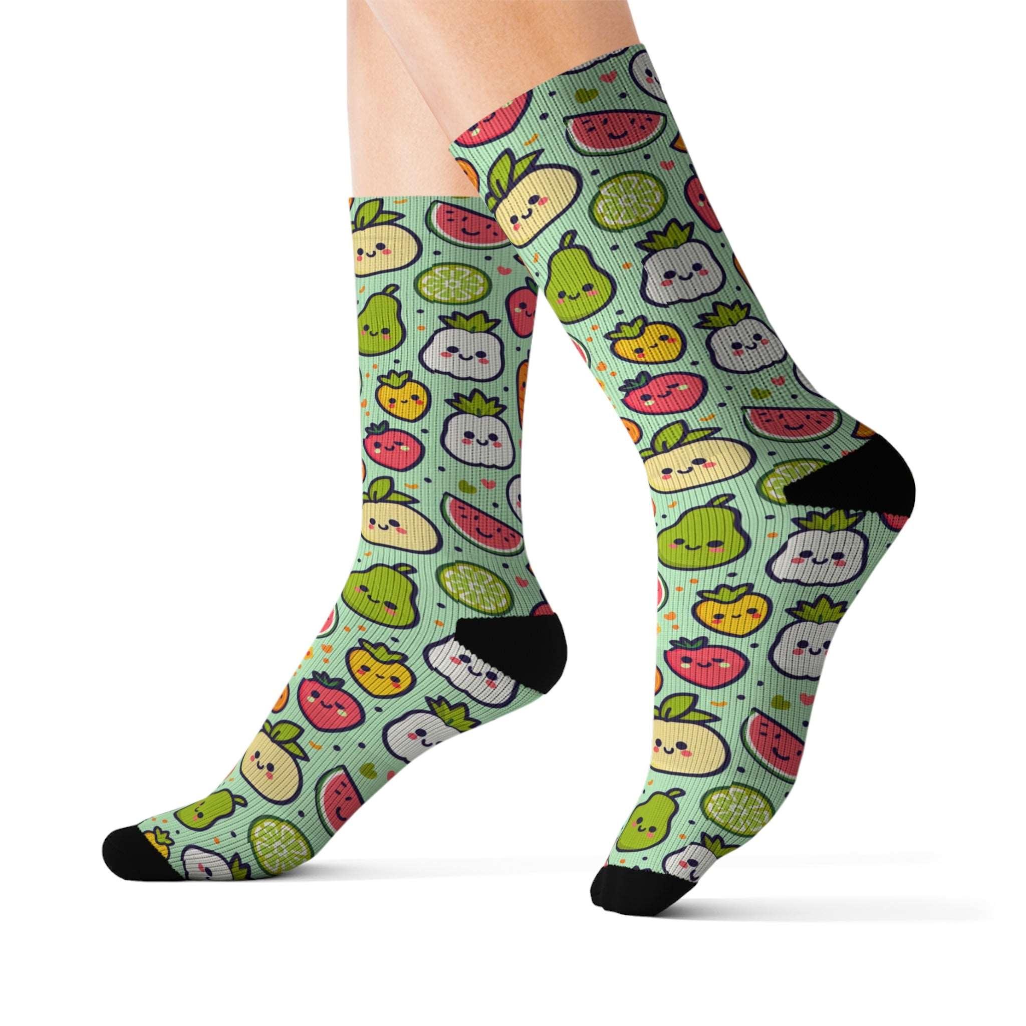 Custom Smiling Fruits & Vegetables Socks - Colorful Pattern Print Personalized Socks - Encore2woL