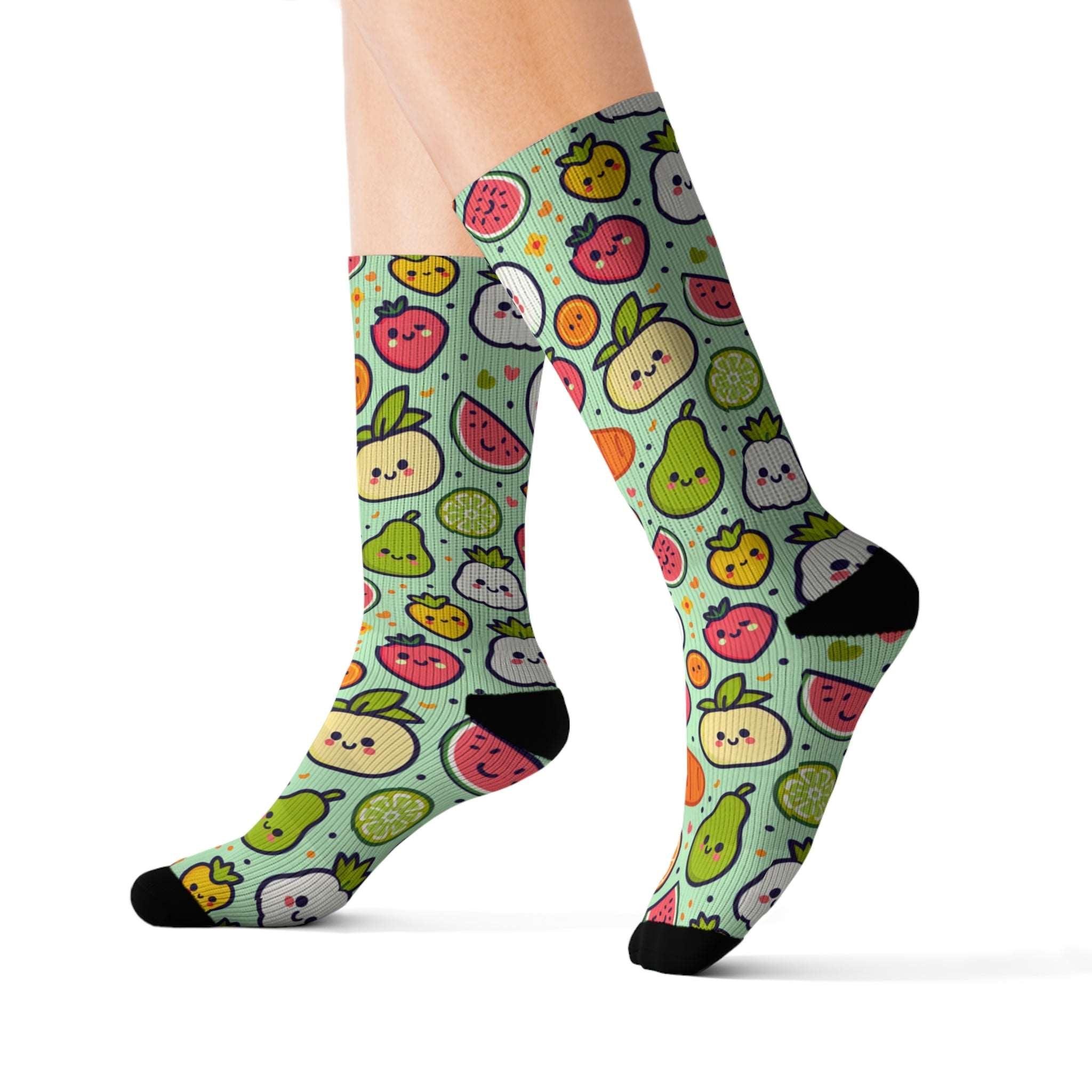 Custom Smiling Fruits & Vegetables Socks - Colorful Pattern Print Personalized Socks - Encore2woS