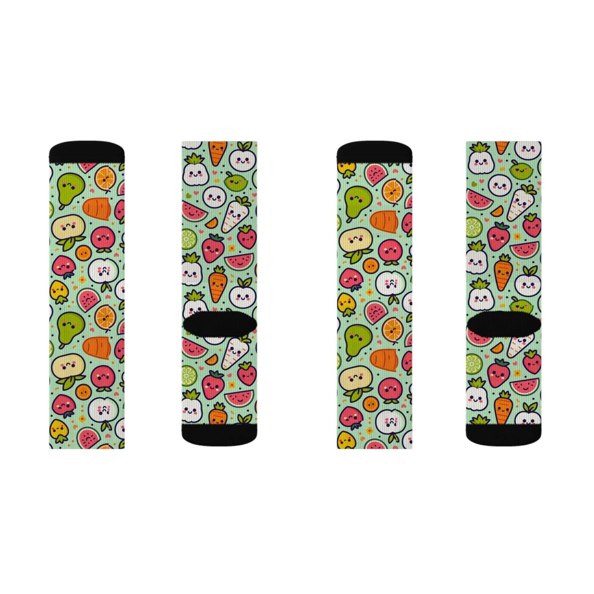 Custom Smiling Fruits & Vegetables Socks - Colorful Pattern Print Personalized Socks - Encore2woS