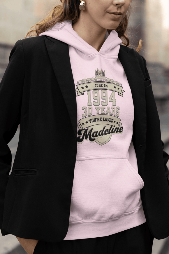 Customizable Birthday Hoodie - Personalized Banner Design with Month, Date, Year, and Description - Encore2woLight PinkS