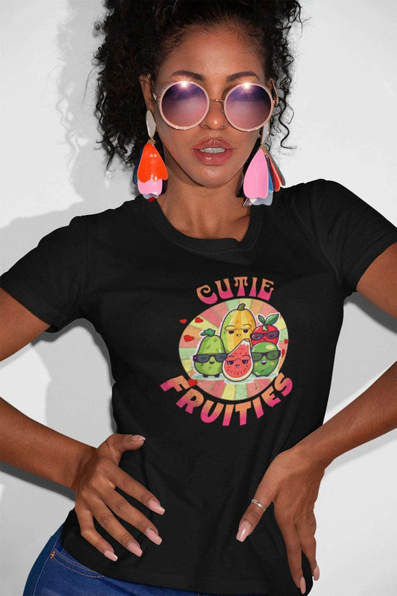 Cutie Fruities Summer T-Shirt | Fruit Character Tee | Fun and Colorful Shirt - Encore2woBlackS