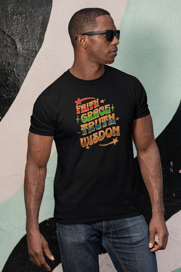 Faith Grace Truth Wisdom T-Shirt Stylish Colorful Tee Christian Inspirational Apparel - Encore2woBlackS