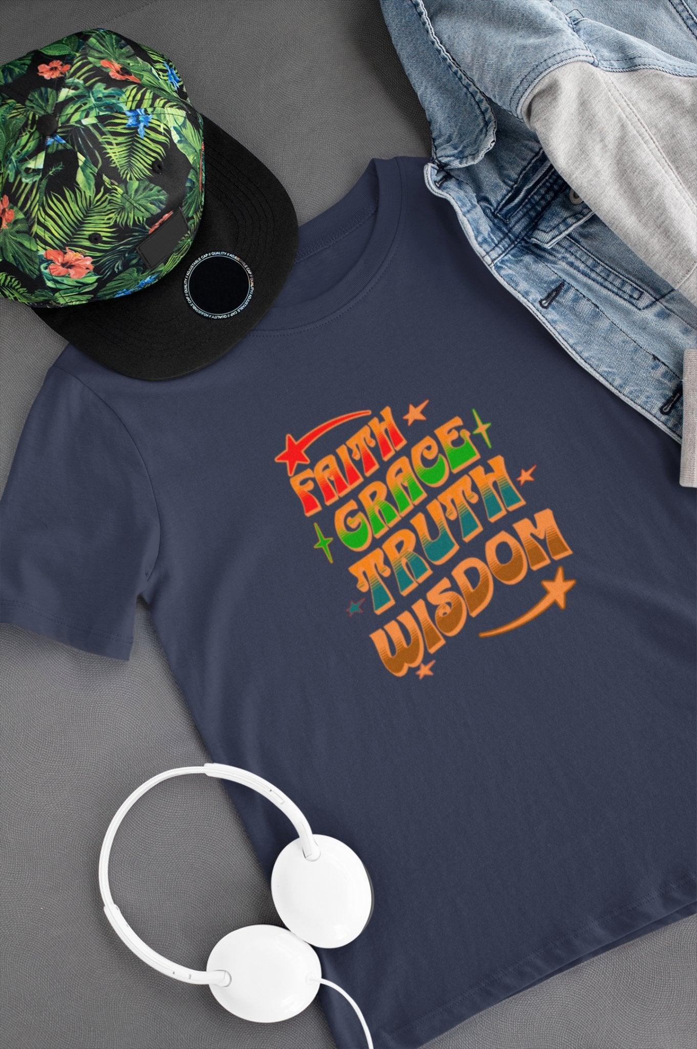 Faith Grace Truth Wisdom T-Shirt Stylish Colorful Tee Christian Inspirational Apparel - Encore2woBlackS