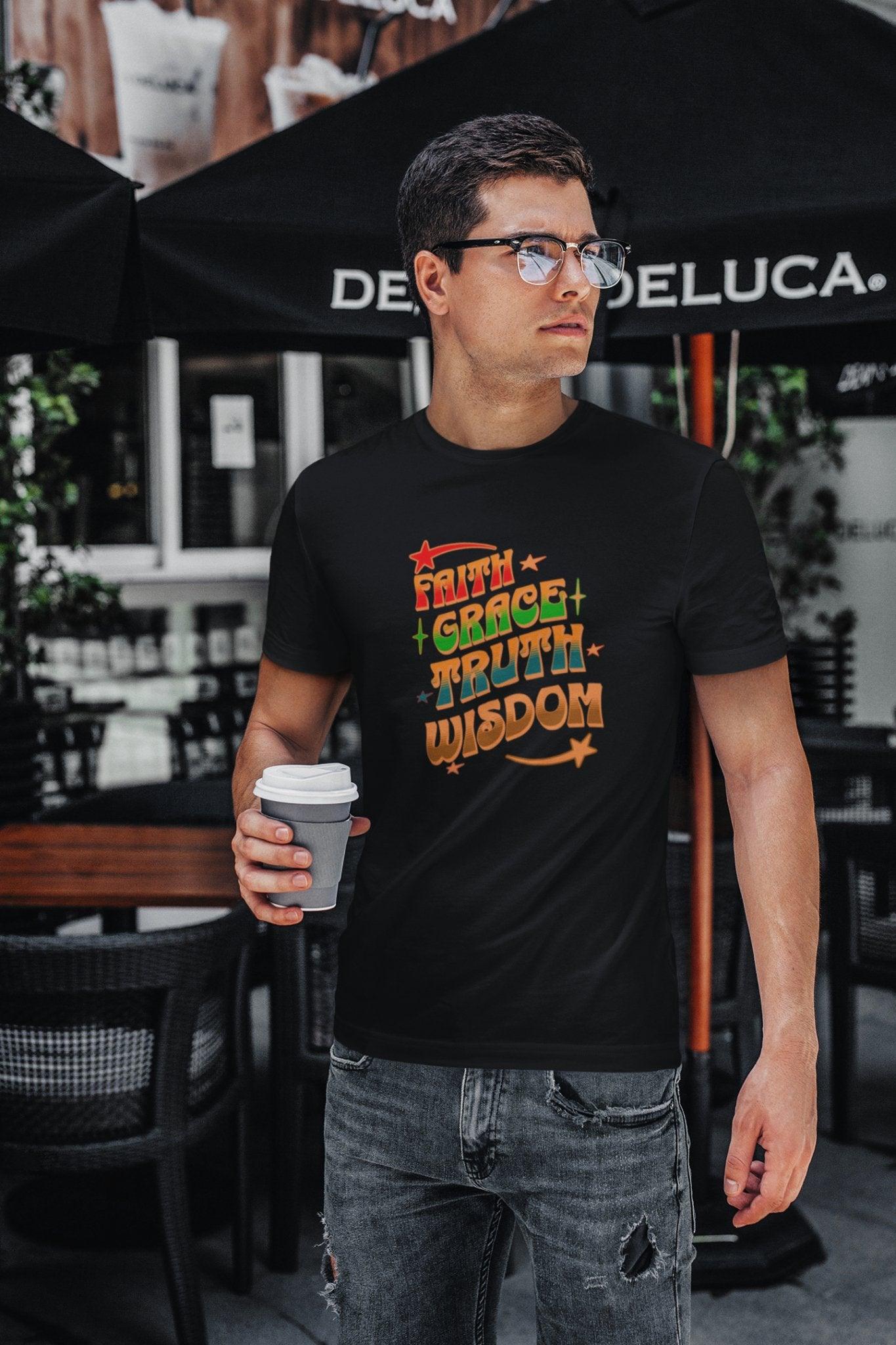 Faith Grace Truth Wisdom T-Shirt Stylish Colorful Tee Christian Inspirational Apparel - Encore2woBlackS