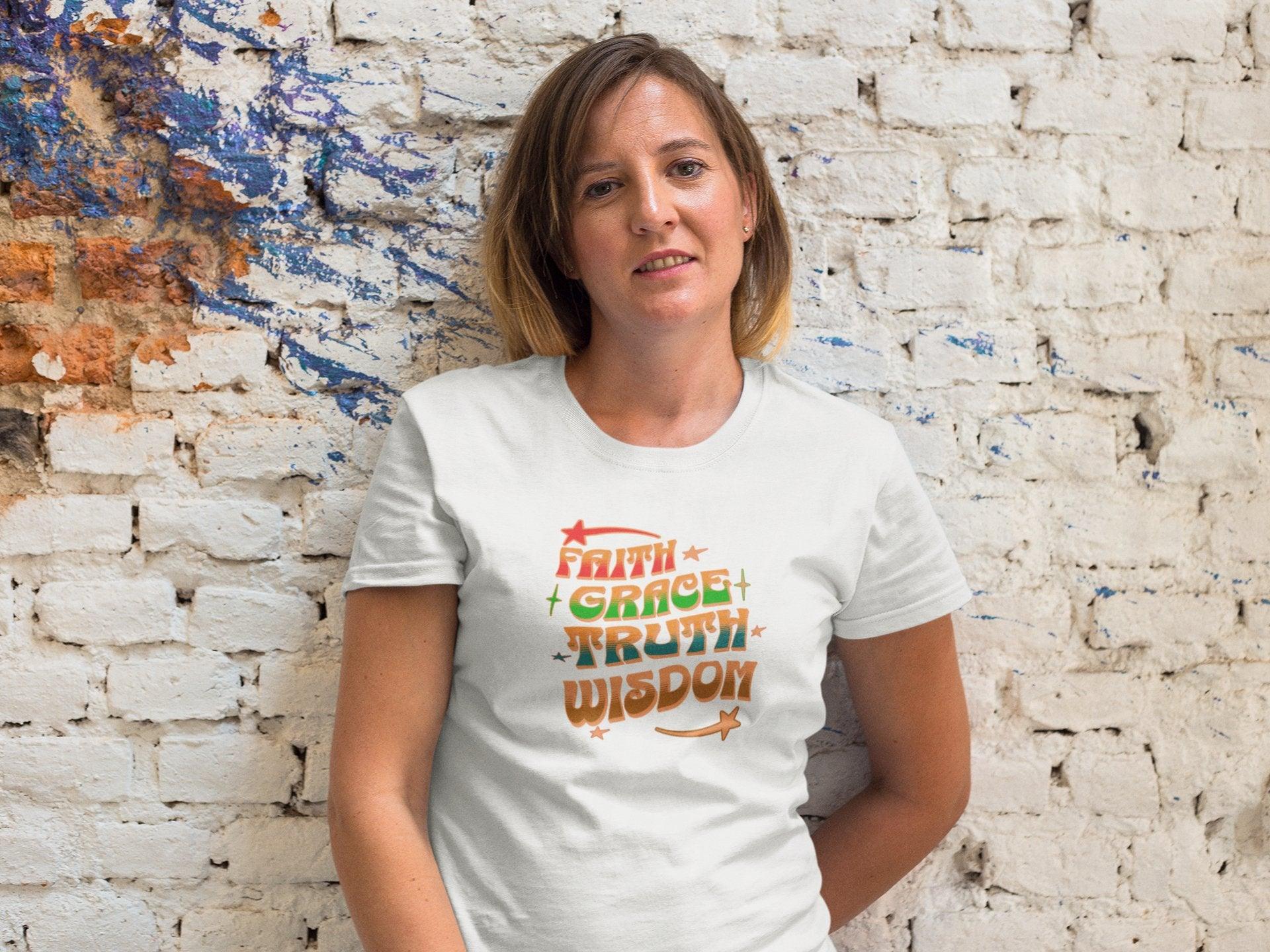 Faith Grace Truth Wisdom T-Shirt Stylish Colorful Tee Christian Inspirational Apparel - Encore2woBlackS