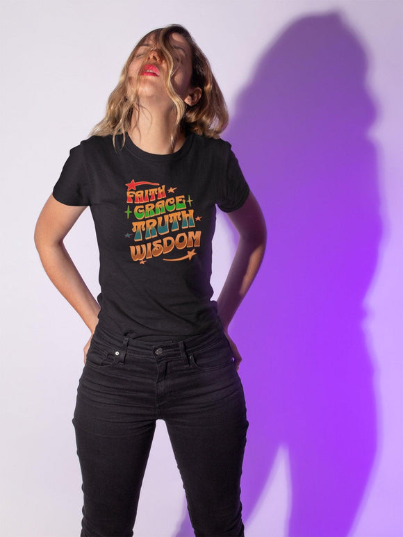 Faith Grace Truth Wisdom T-Shirt Stylish Colorful Tee Christian Inspirational Apparel - Encore2woBlackS