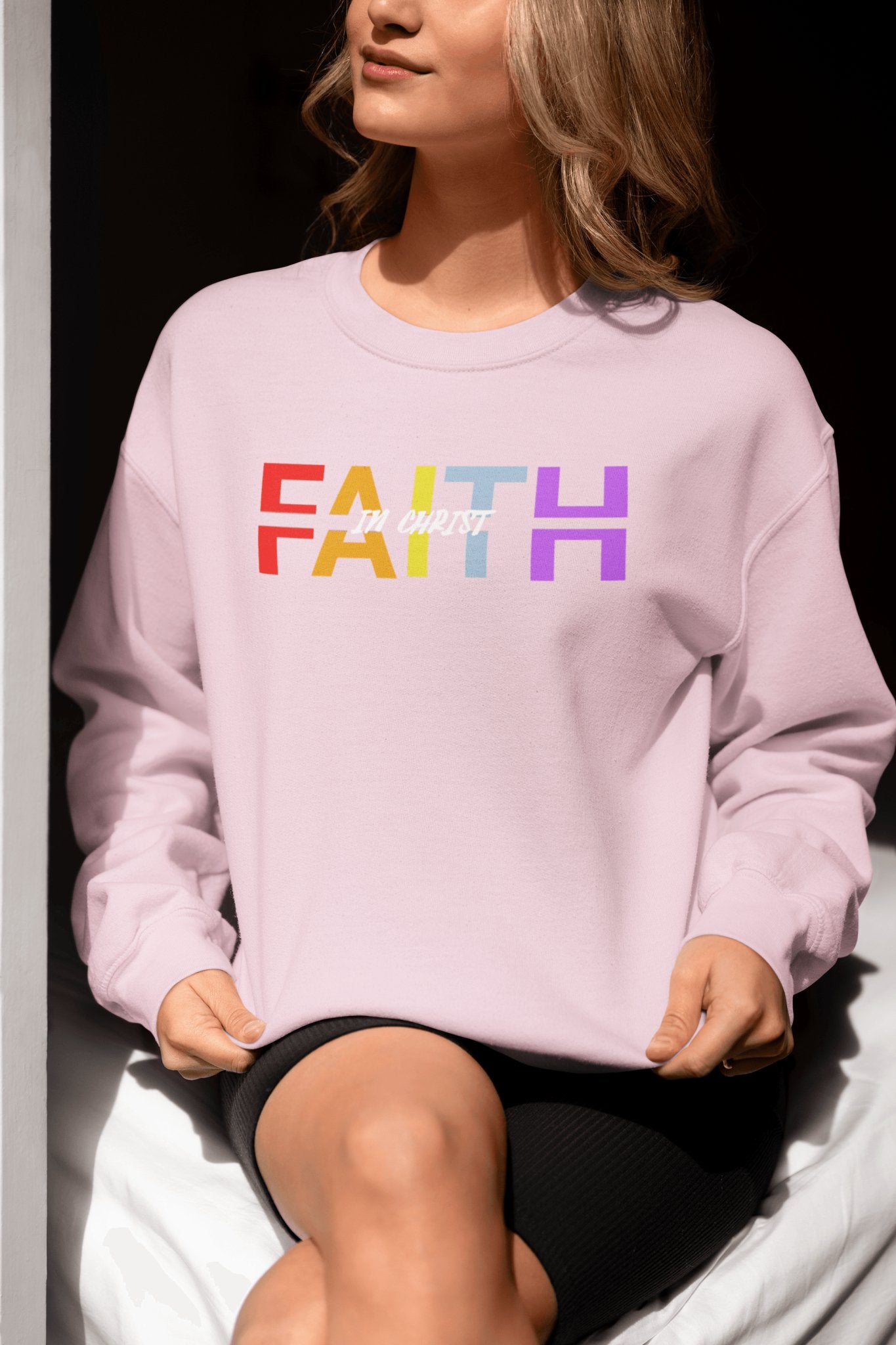 Faith in Christ Crewneck Sweatshirt - Stylish Colorful Divided Text Design - Encore2woSRoyal