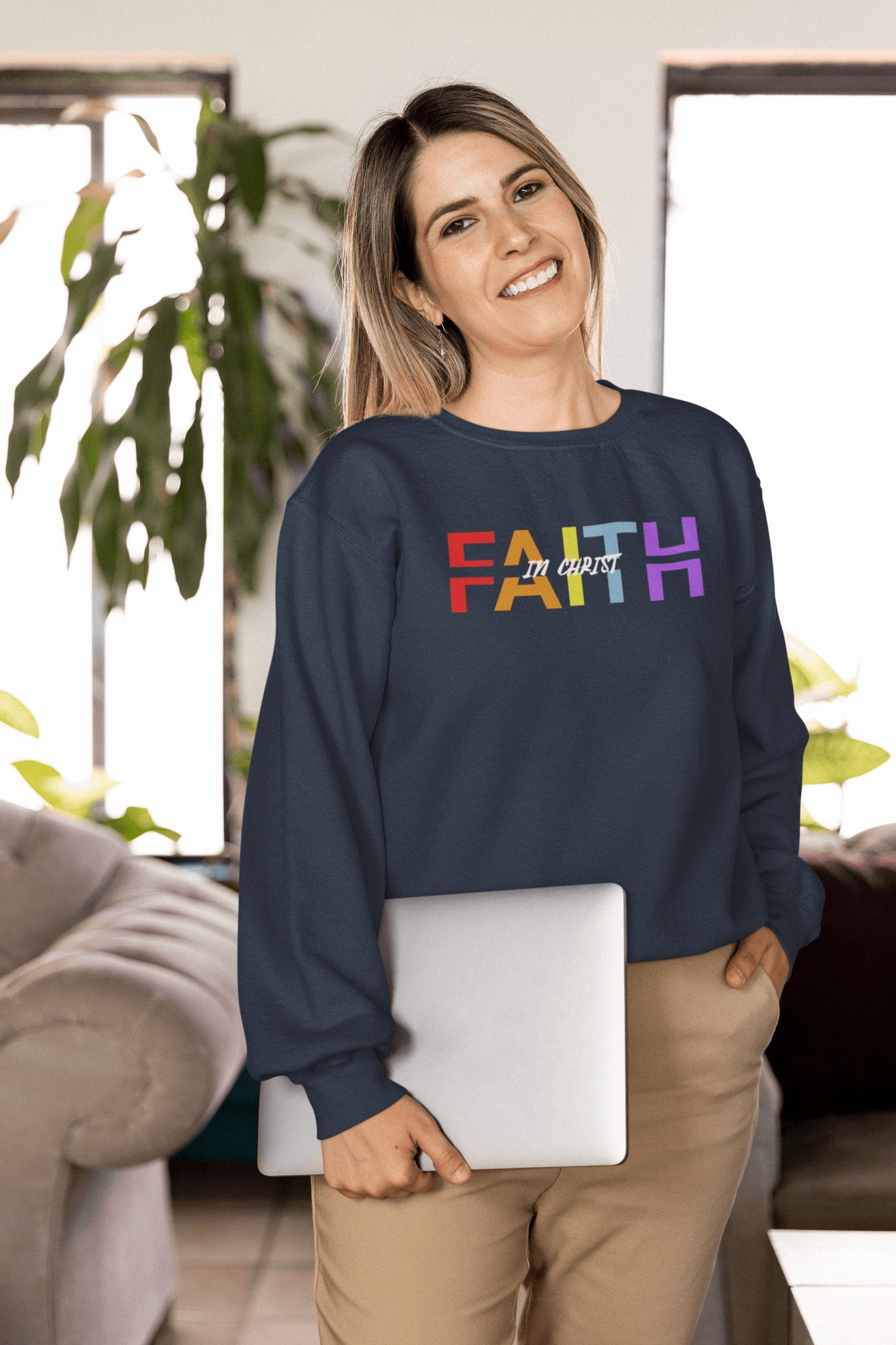 Faith in Christ Crewneck Sweatshirt - Stylish Colorful Divided Text Design - Encore2woSRoyal